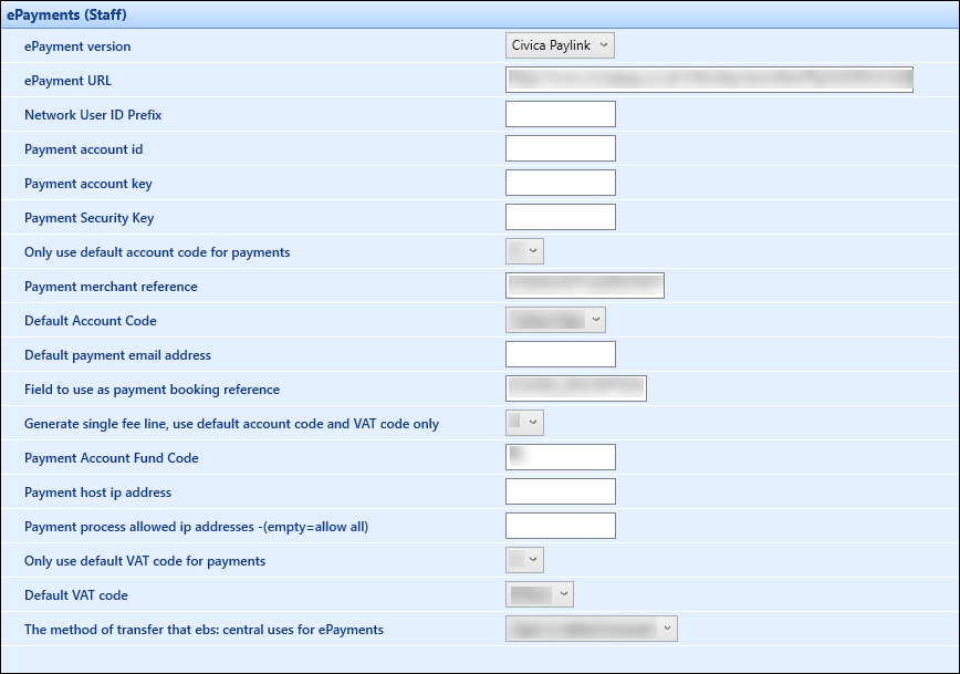 ePayments (ebs: Staff) institution settings screen